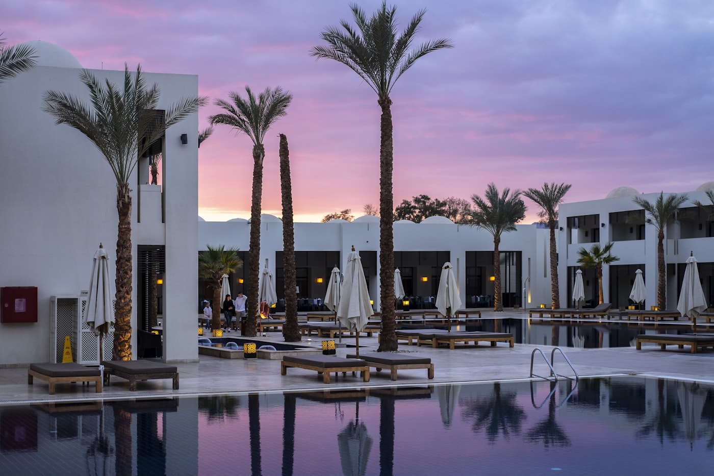 Hotel exterior glowing in the evening